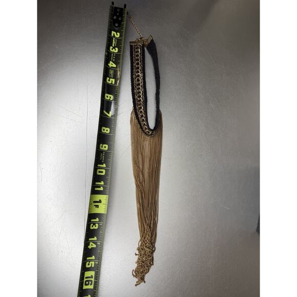 Statement Choker Necklace Fringe Gold Tone Bib Chain Tassel Black - Picture 3 of 3